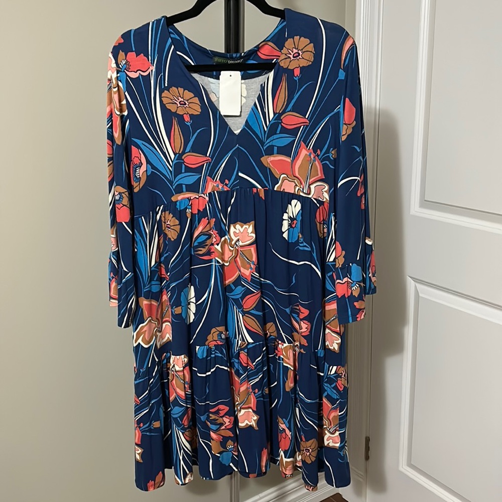 Sz S/M🇨🇦⭐️NWT Shannon Passero Oversized Blue Floral,Bell Sleeve Dress. PTP 20”